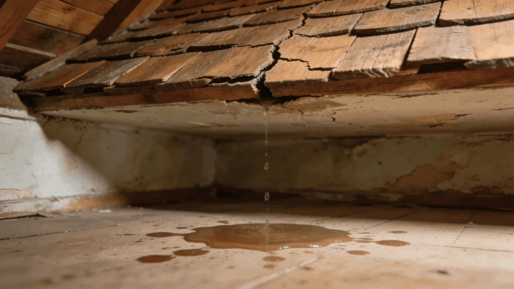 water dripping from damaged roof with cracks showing roof leak repair cost concept