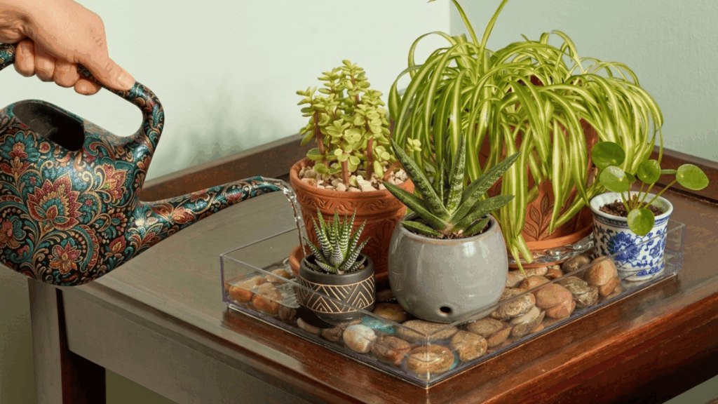 How to Increase Humidity for Your Houseplants? watering multiple indoor plants on a pebble tray with stones to increase humidity using a simple home setup