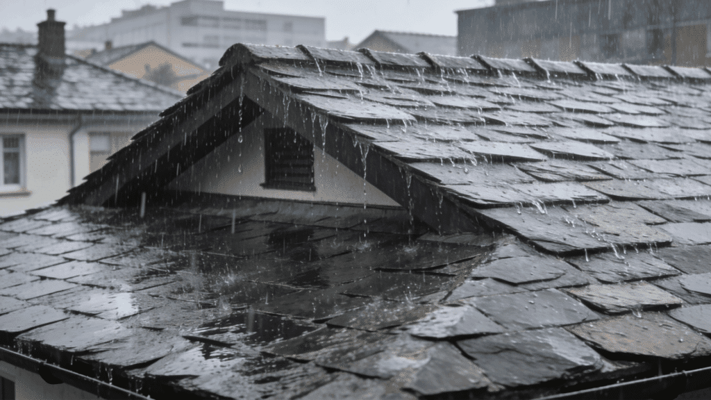 wet slate roof with rainwater running over tiles on a house rooftop during heavy rainfall in residential area