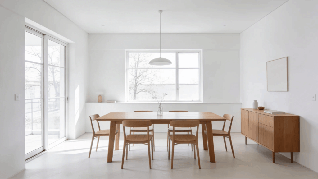 white dining room with wooden table bright natural light and minimal decor creating a clean spacious feel