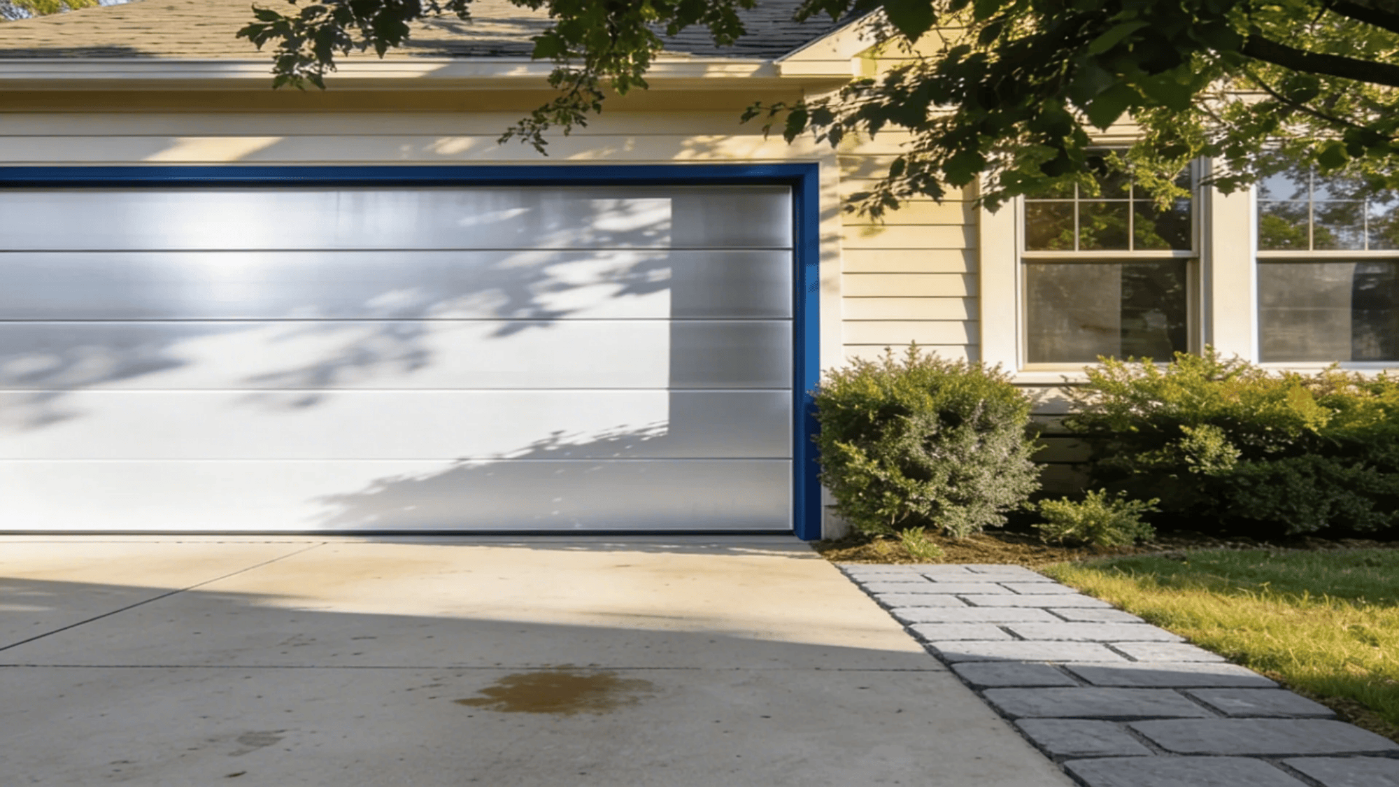 white garage door with blue trim beside window and bushes along driveway in suburban home