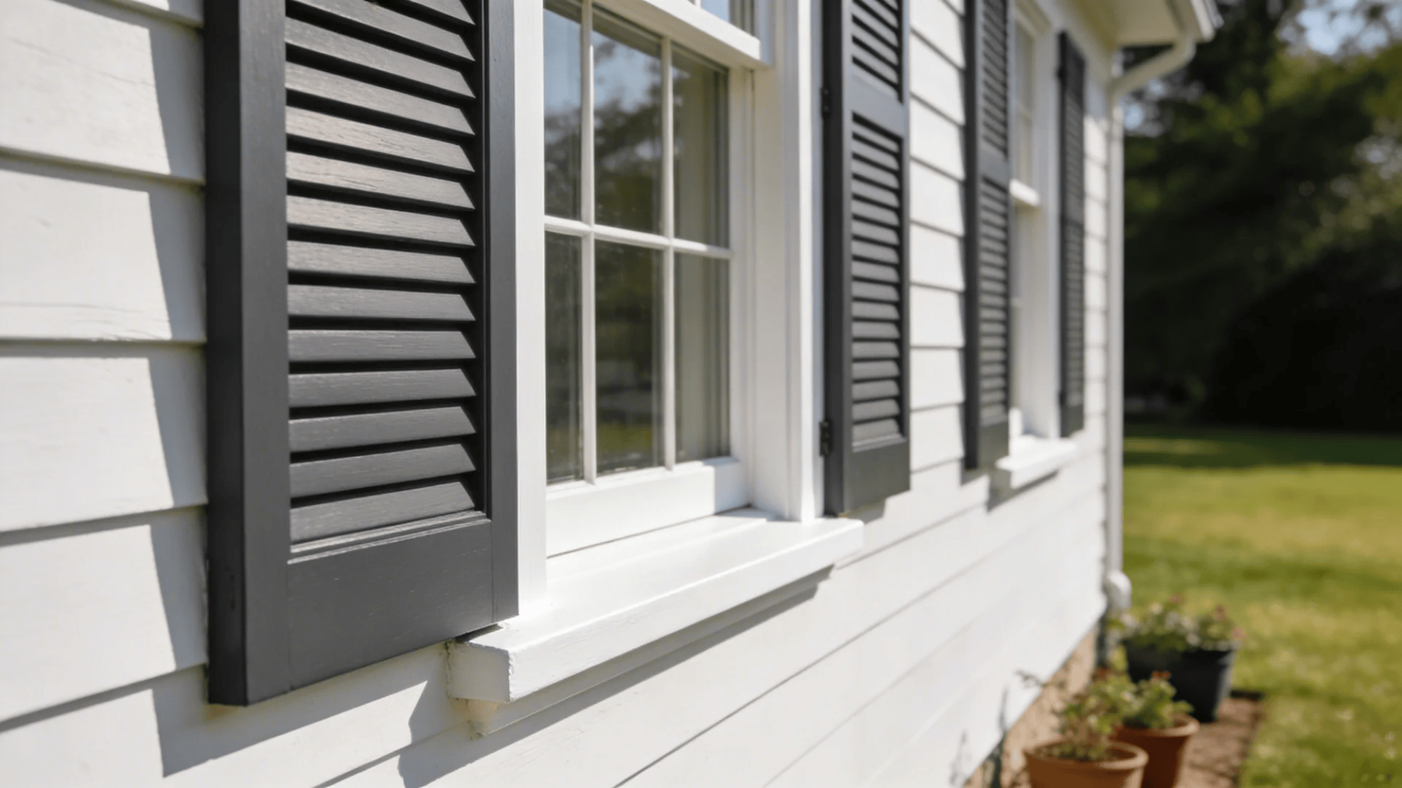 white house exterior with black shutters and window close view in bright outdoor setting