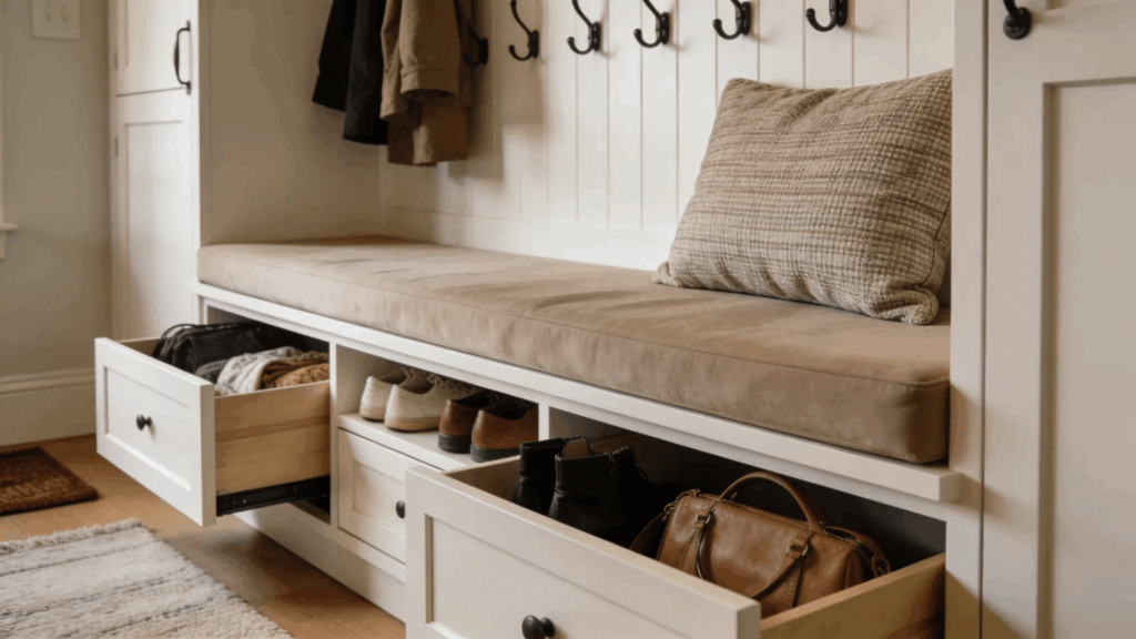 white mudroom bench with cushion open drawers and shoes creating practical organized storage seating area