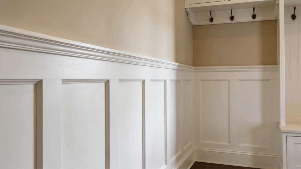 white paneled wall with trim detail and small hooks creating classic minimal entryway storage space