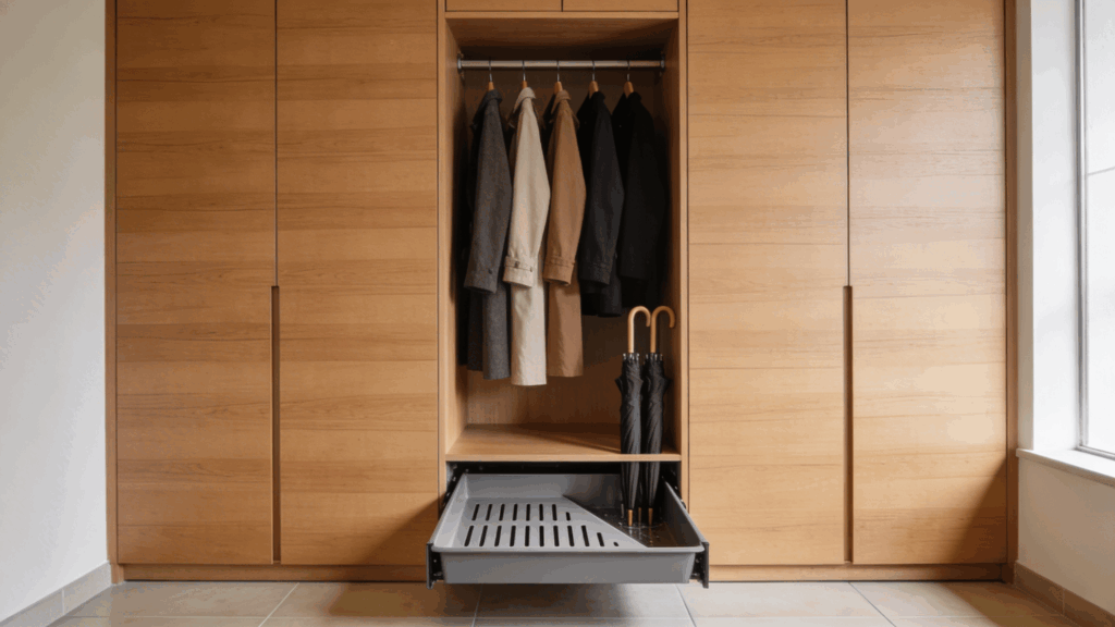 wood closet with hanging coats umbrella storage and pull out tray creating neat organized entry storage