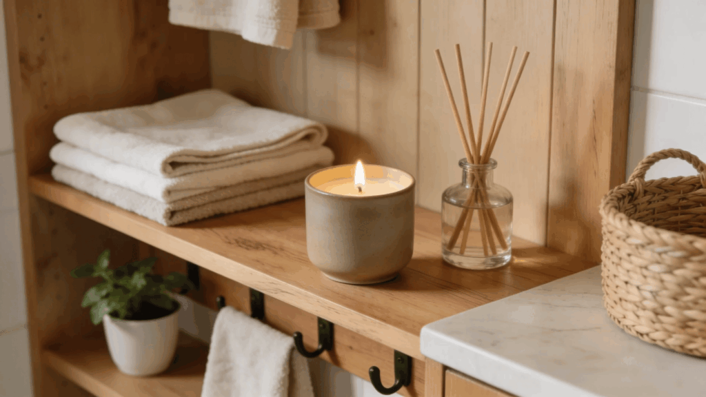 wood shelf with candle towels and diffuser creating warm cozy decorative storage detail