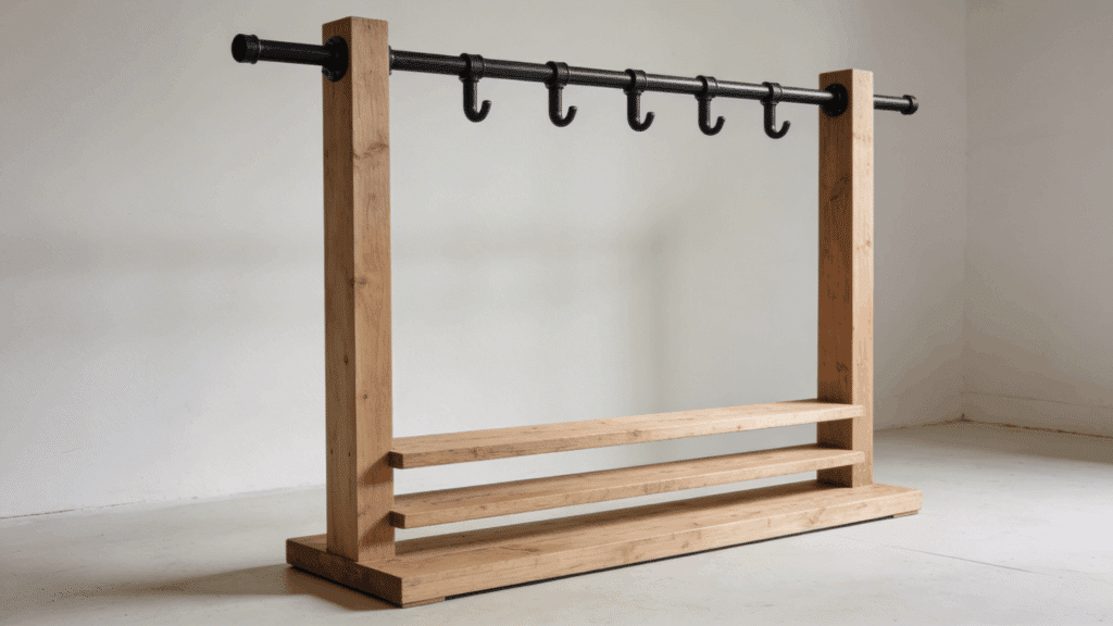 wooden diy clothes rack with hanging rod and bottom shelf placed indoors ready for clothes storage