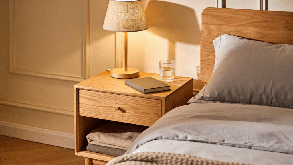 How Tall Should a Nightstand Really Be? wooden nightstand with lamp book and glass