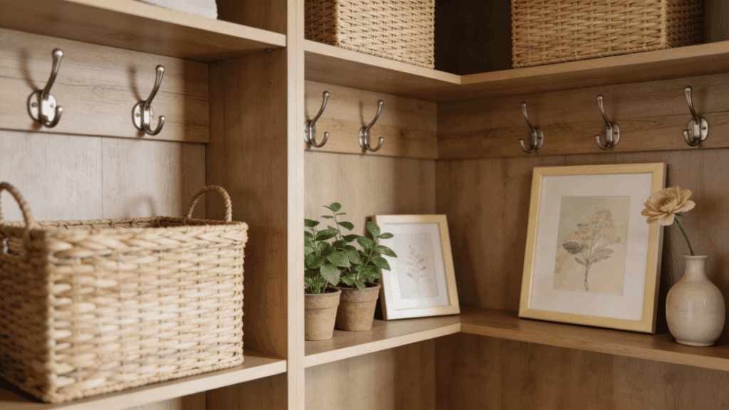 wooden shelving with baskets plants framed art and hooks creating warm decorative organized storage corner