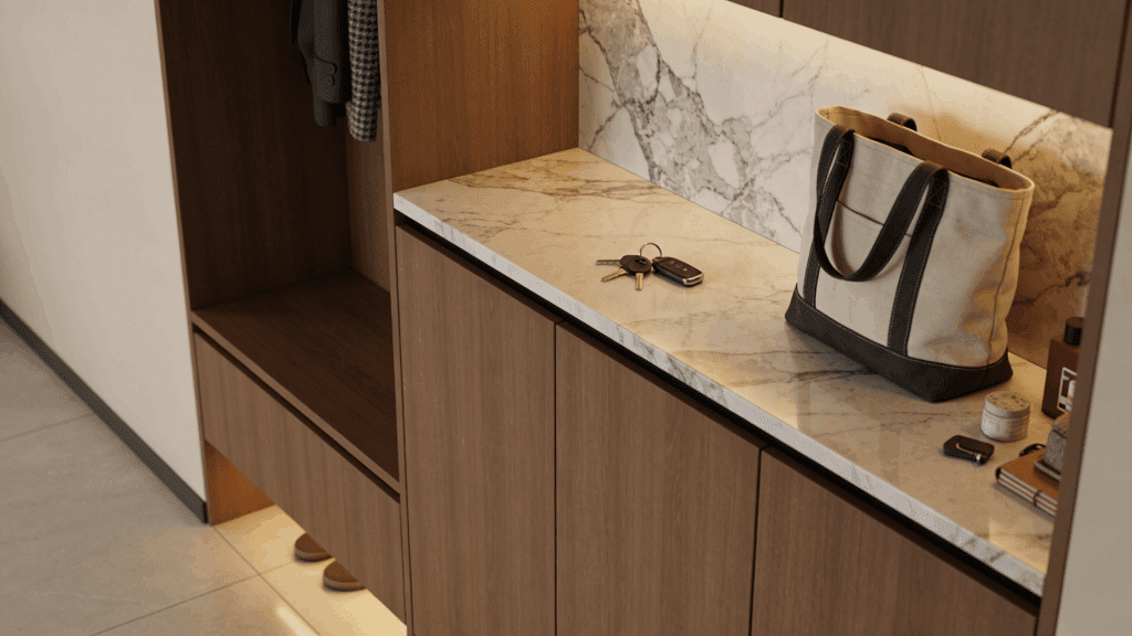 wooden storage bench with marble top keys bag and small items neatly arranged in warm modern entry space