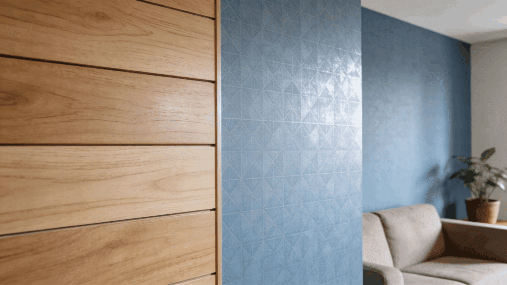 wooden wall panel beside blue textured wall with sofa and potted plant in living room