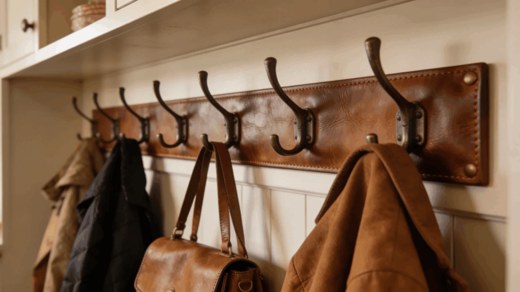wooden wall rack with metal hooks holding coats and leather bag creating warm organized entry storage