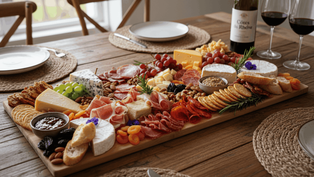 wooden charcuterie board with assorted cheeses cured meats grapes nuts crackers and wine glasses on dining table
