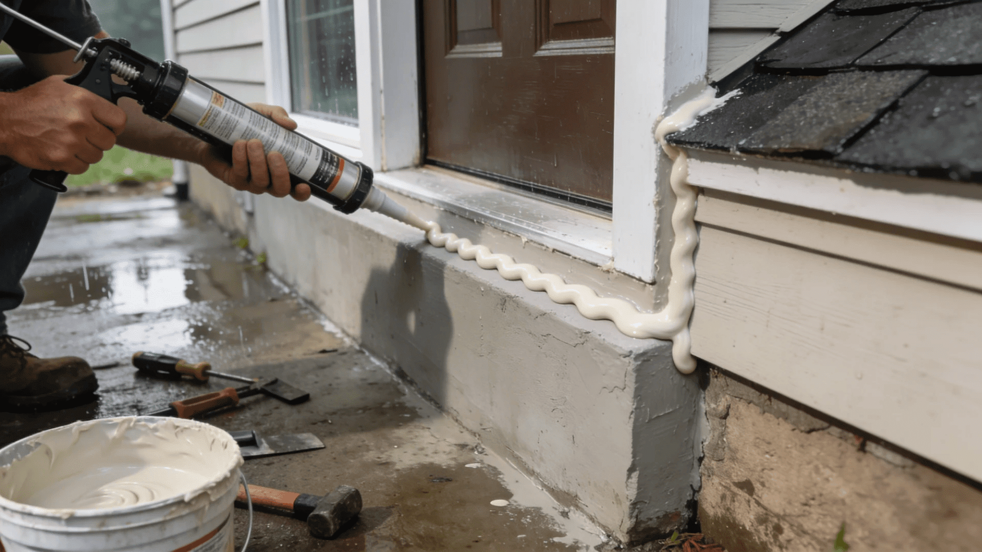 worker applying sealant along foundation near door with tools and bucket on wet ground