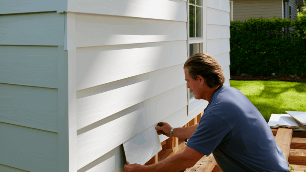 worker installing vinyl siding on house exterior showing cost to install vinyl siding labor