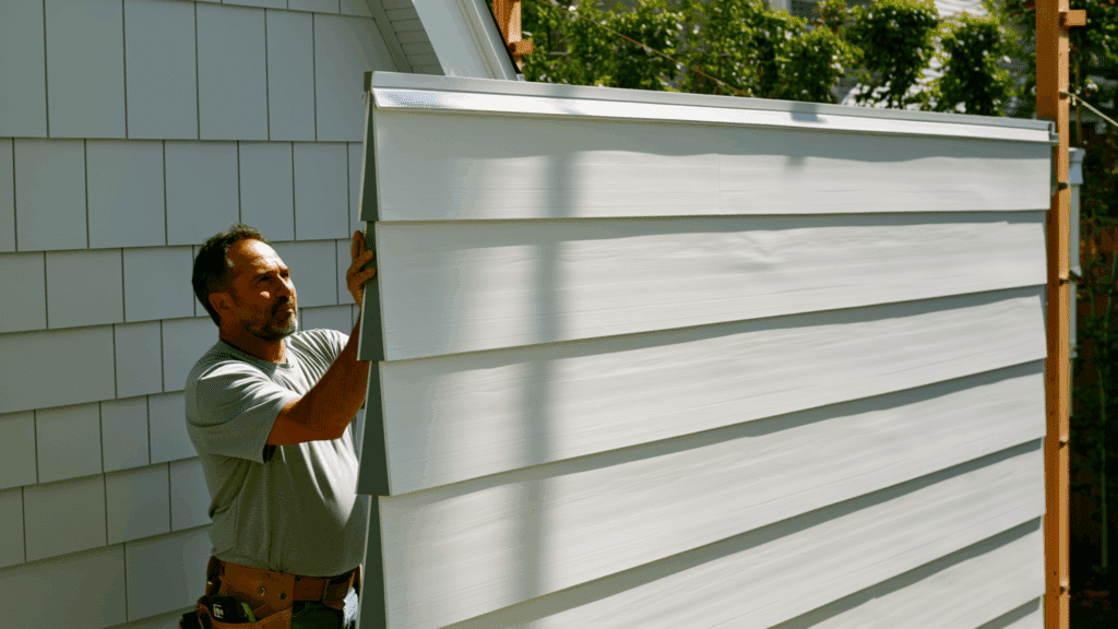 worker installing vinyl siding on house exterior showing cost to install vinyl siding process