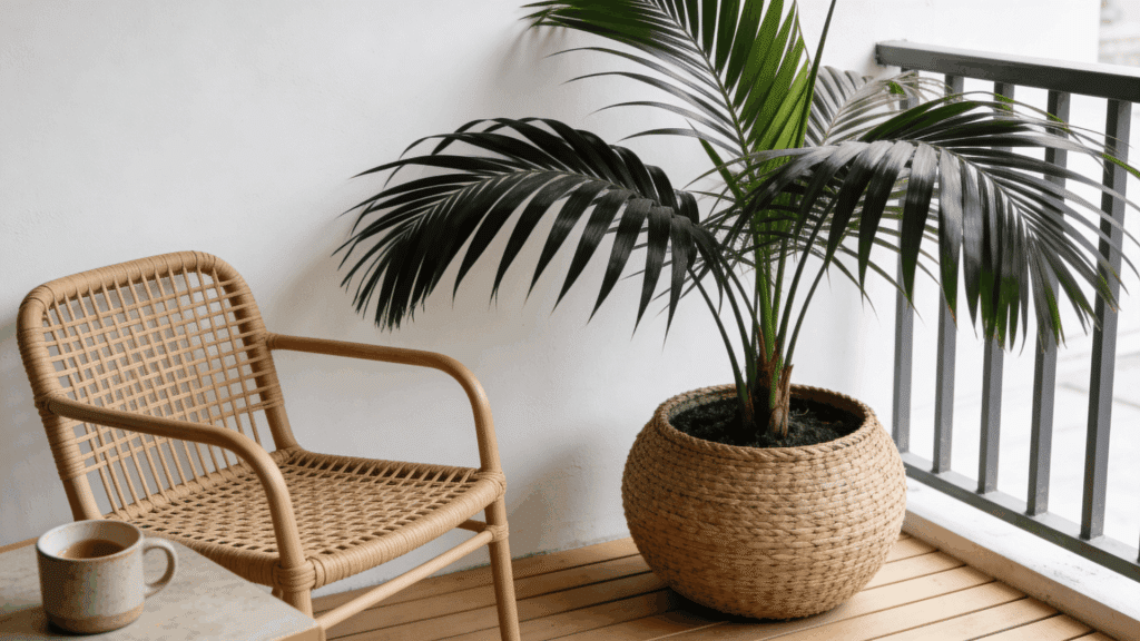woven chair and potted palm plant on a small balcony with wooden floor and metal railing and a cup on a table