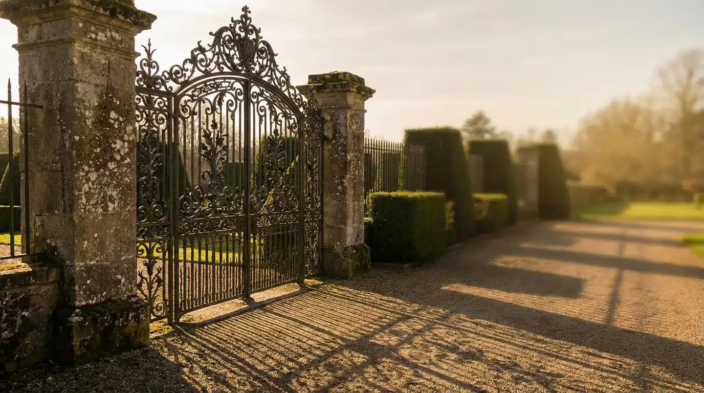 Ornate wrought iron gate casting shadows on gravel path in sunny garden setting