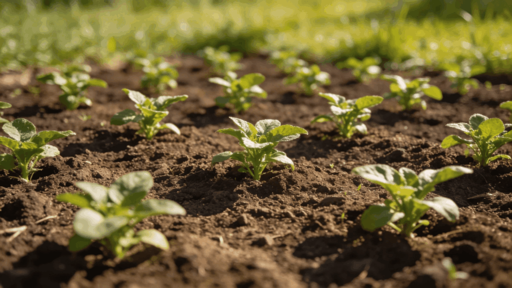 young green seedlings growing in neat rows in soil under sunlight in garden bed