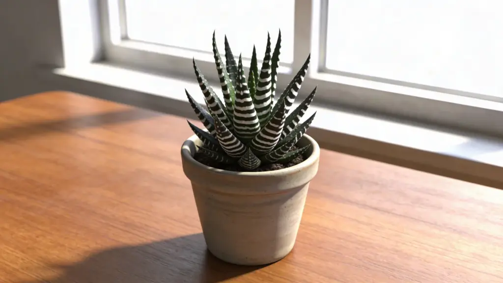 zebra plant with dark green pointed leaves and white stripes in a small pot on a wooden table near a bright sunny window webp