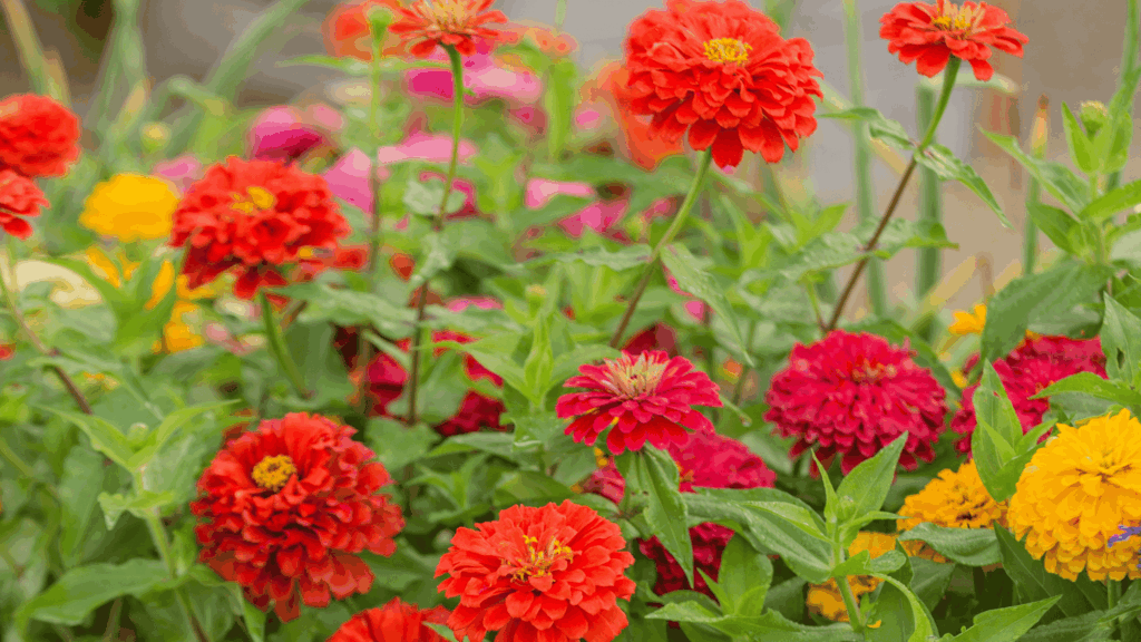 zinnias with bright red and yellow blooms growing in dry soil showing strong drought resistant plant type