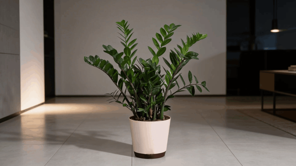 zz plant with glossy green leaves placed in modern indoor space with low light and clean decor