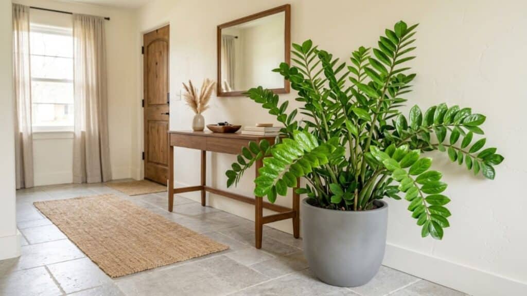 zz plant with glossy leaves in indoor space showing low light friendly and resilient growth