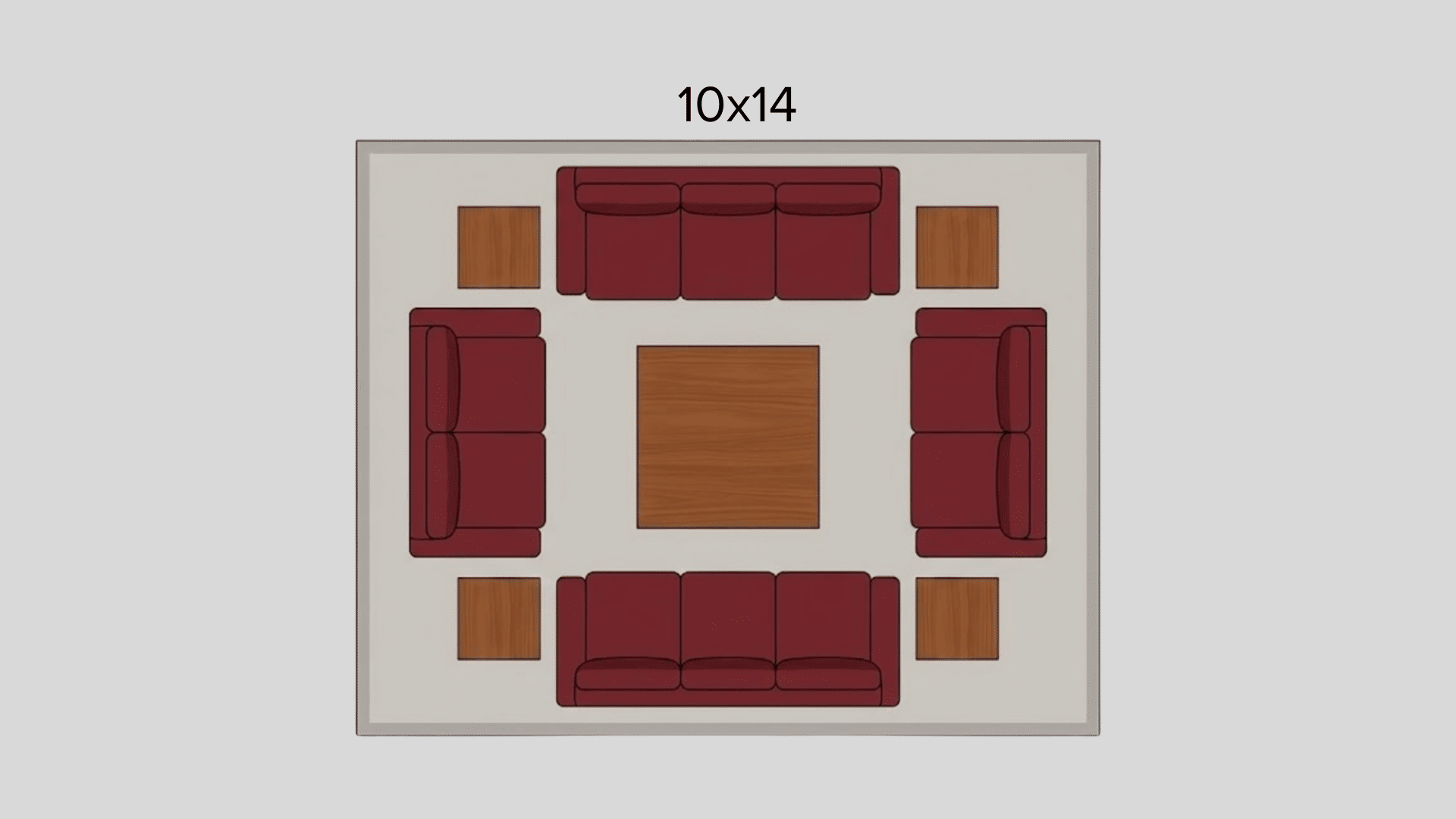 10x14 living room rug layout diagram with sofas chairs coffee table top view