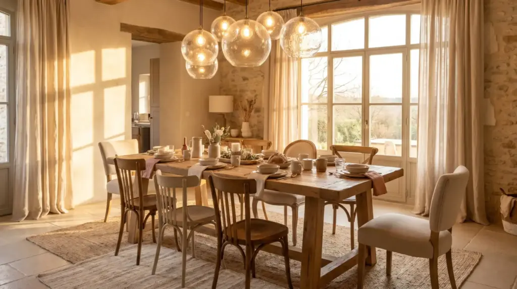 Rustic dining room with wooden table and chairs, large windows, soft lighting, and decorative table setting