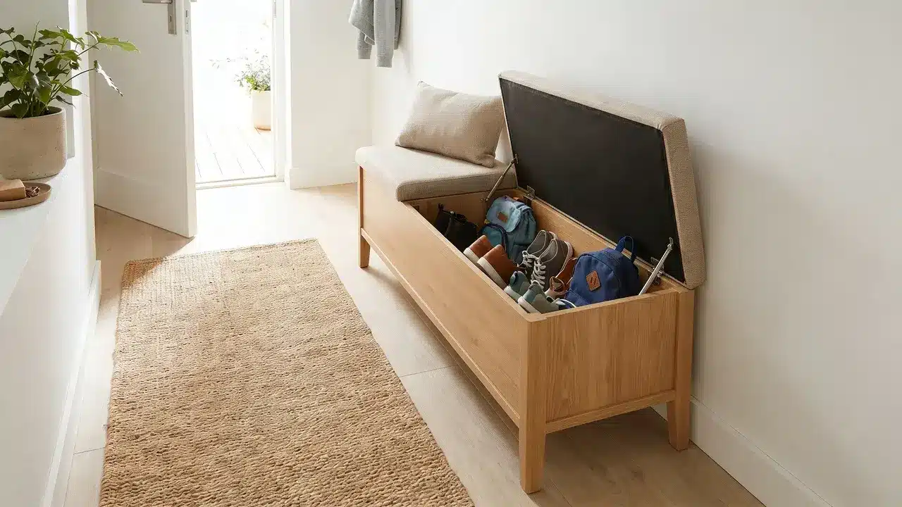 Storage bench with hidden compartment for shoes and bags in a small entryway