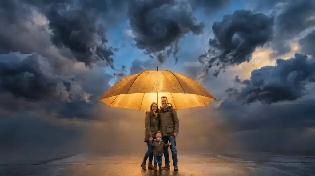 Family standing under large illuminated umbrella against dramatic stormy sky backdrop