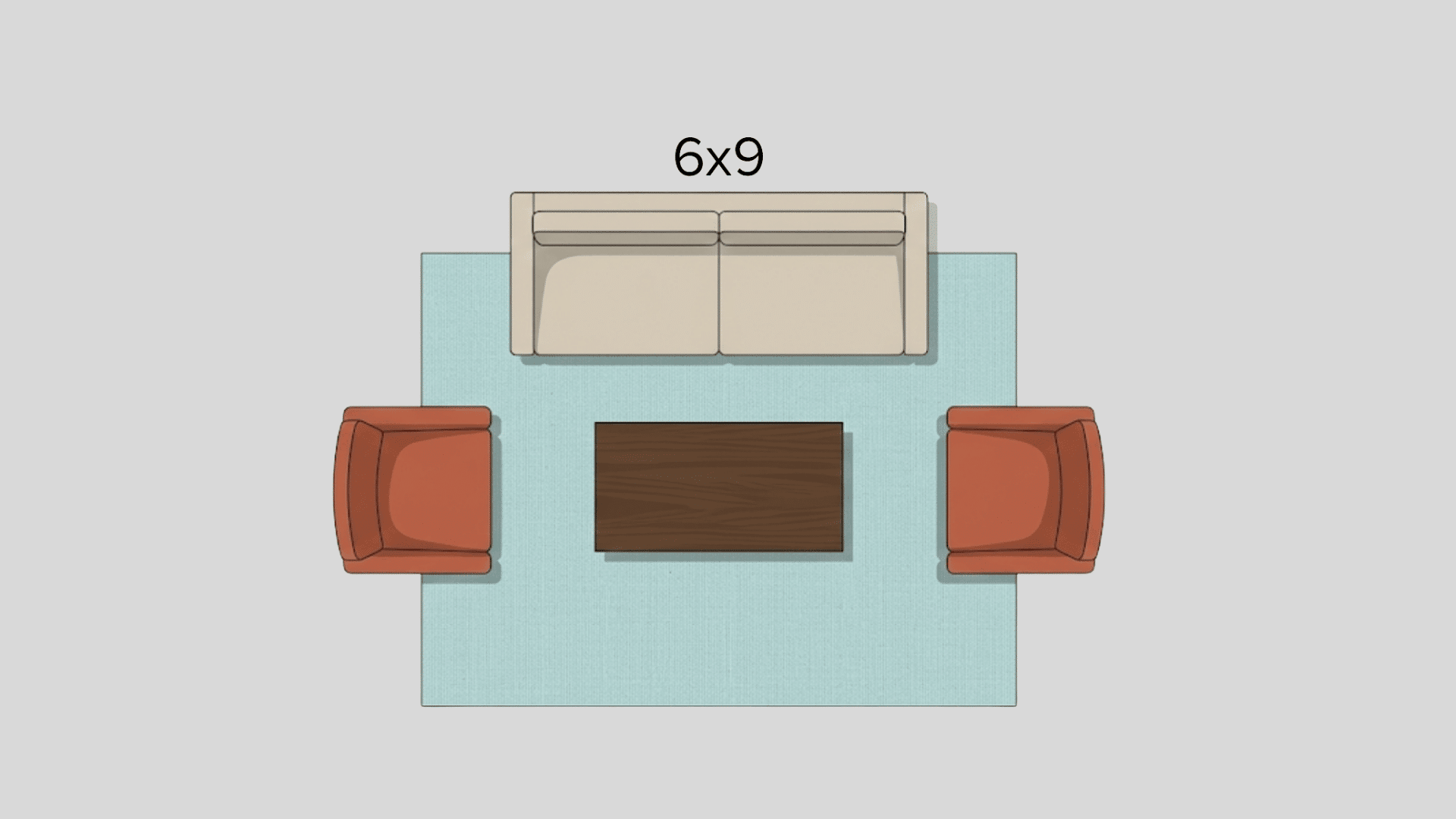 6 x 9 living room rug layout with sofa chairs and coffee table top