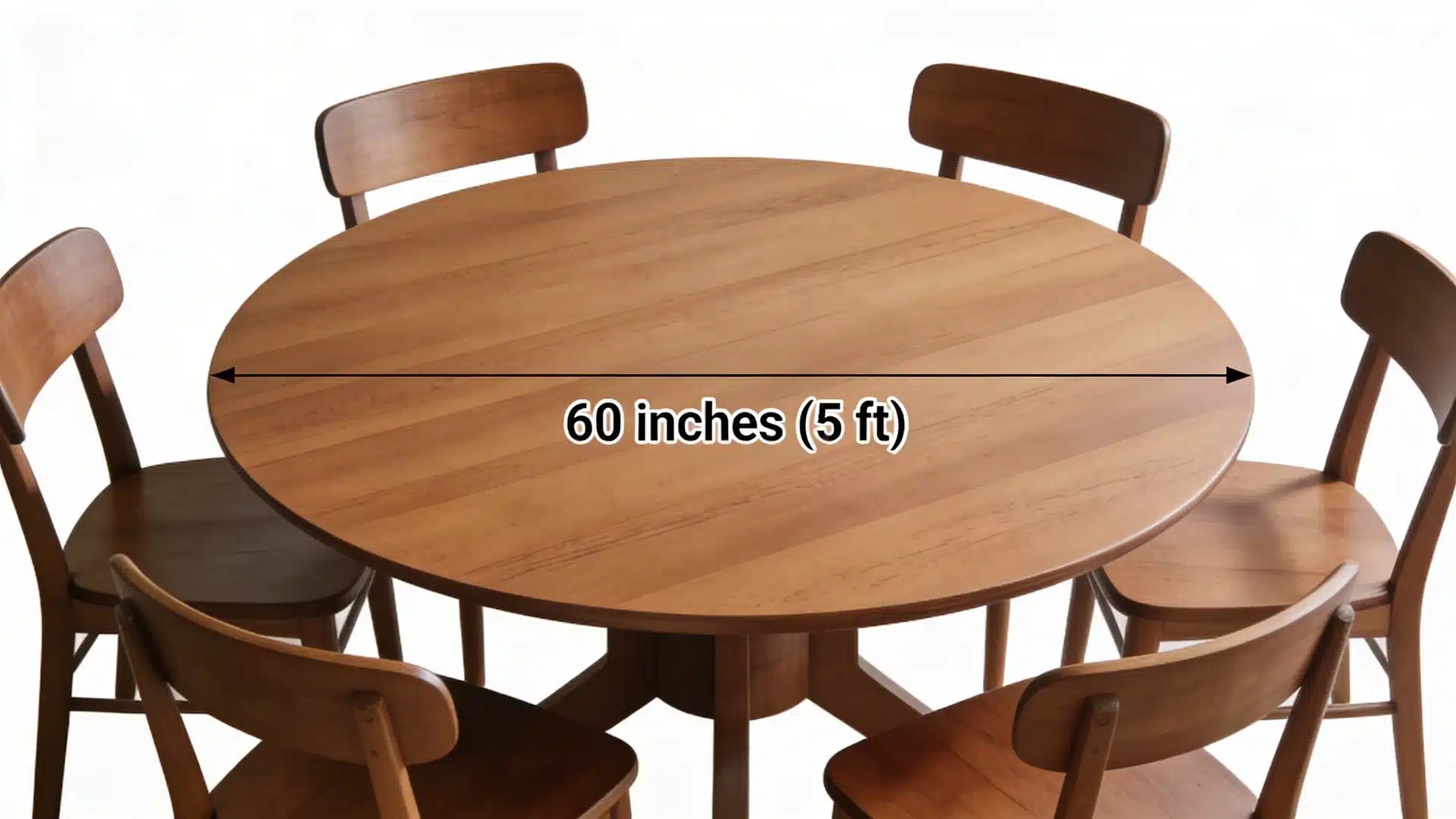 60 inch round wooden dining table with chairs showing diameter measurement of 5 feet across the tabletop
