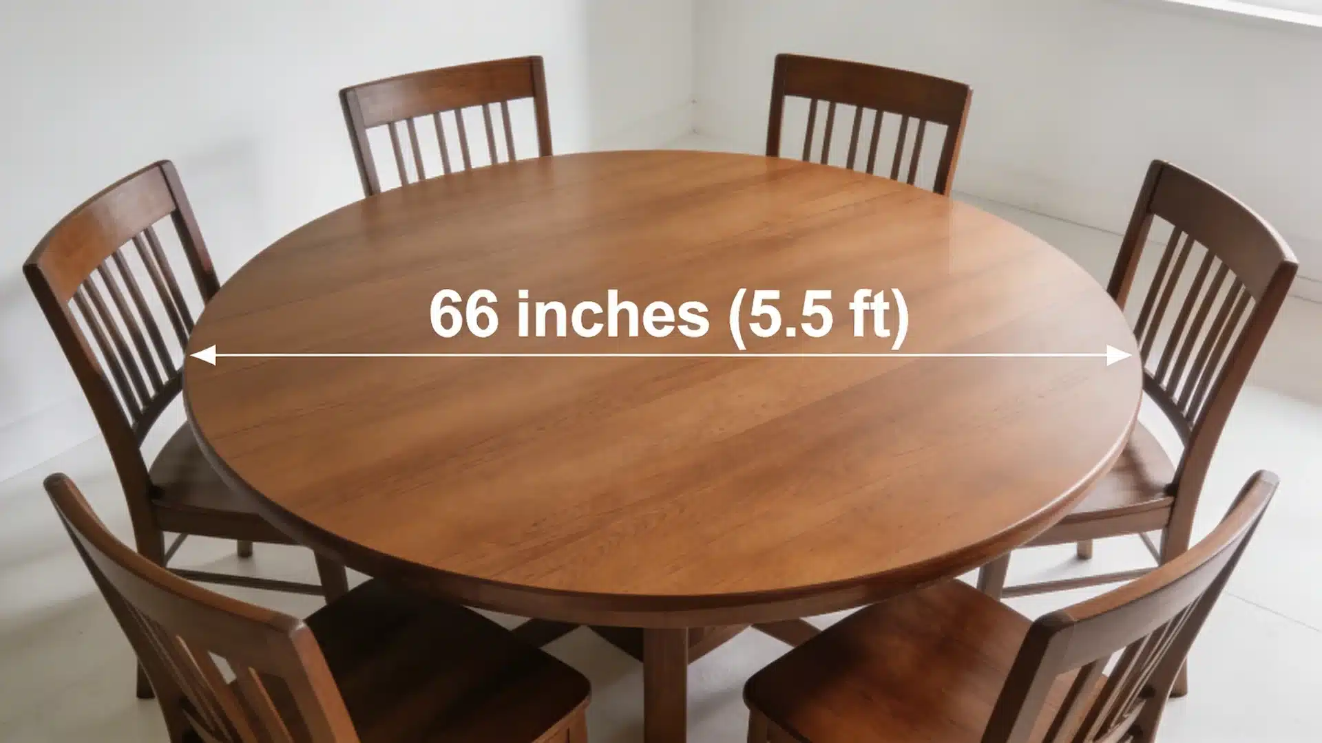 66 inch round wooden dining table with chairs showing 5.5 ft diameter measurement across the tabletop in a bright room