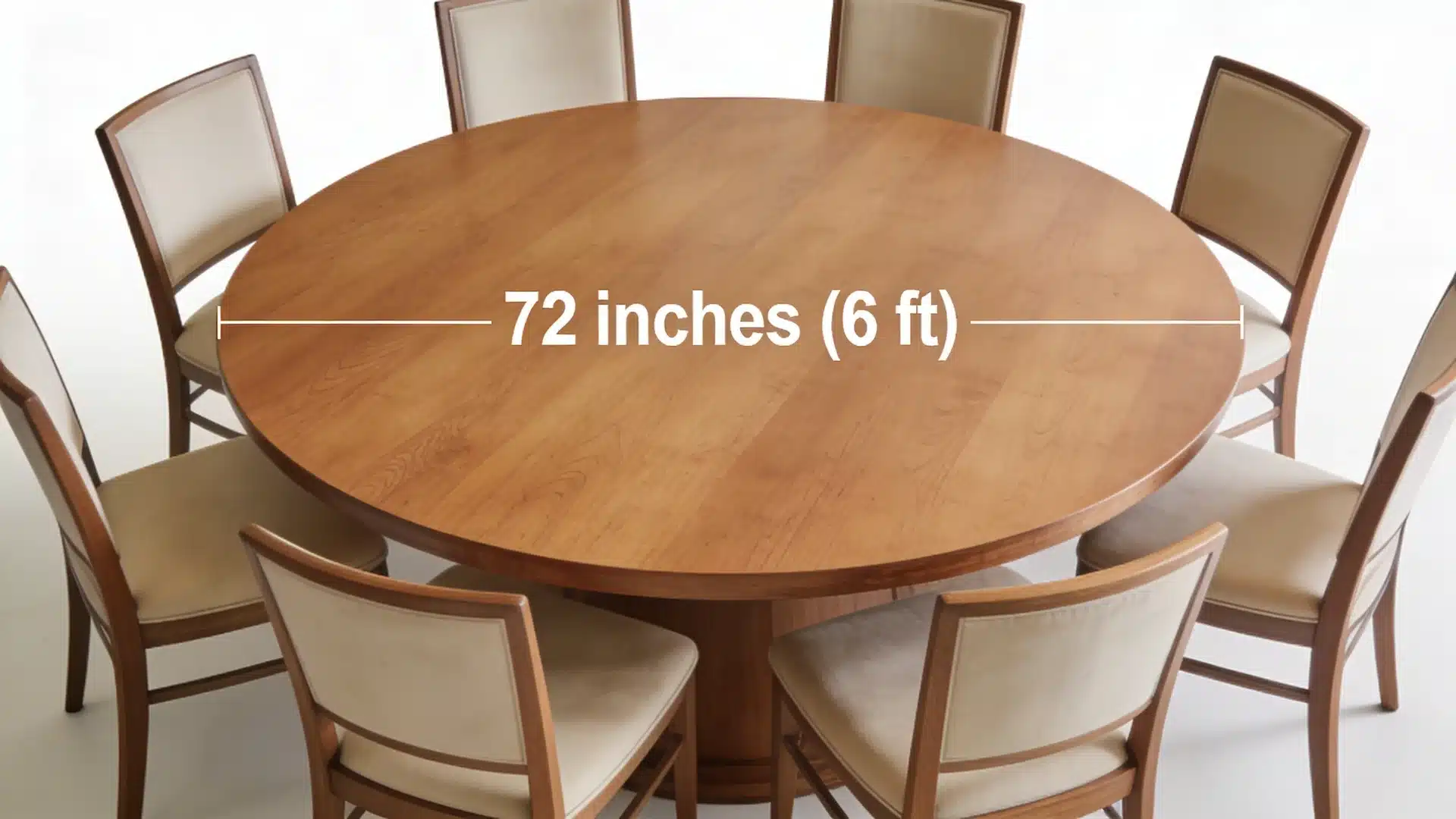 72 inch round wooden dining table with chairs showing 6 ft diameter measurement across the tabletop in a bright setting