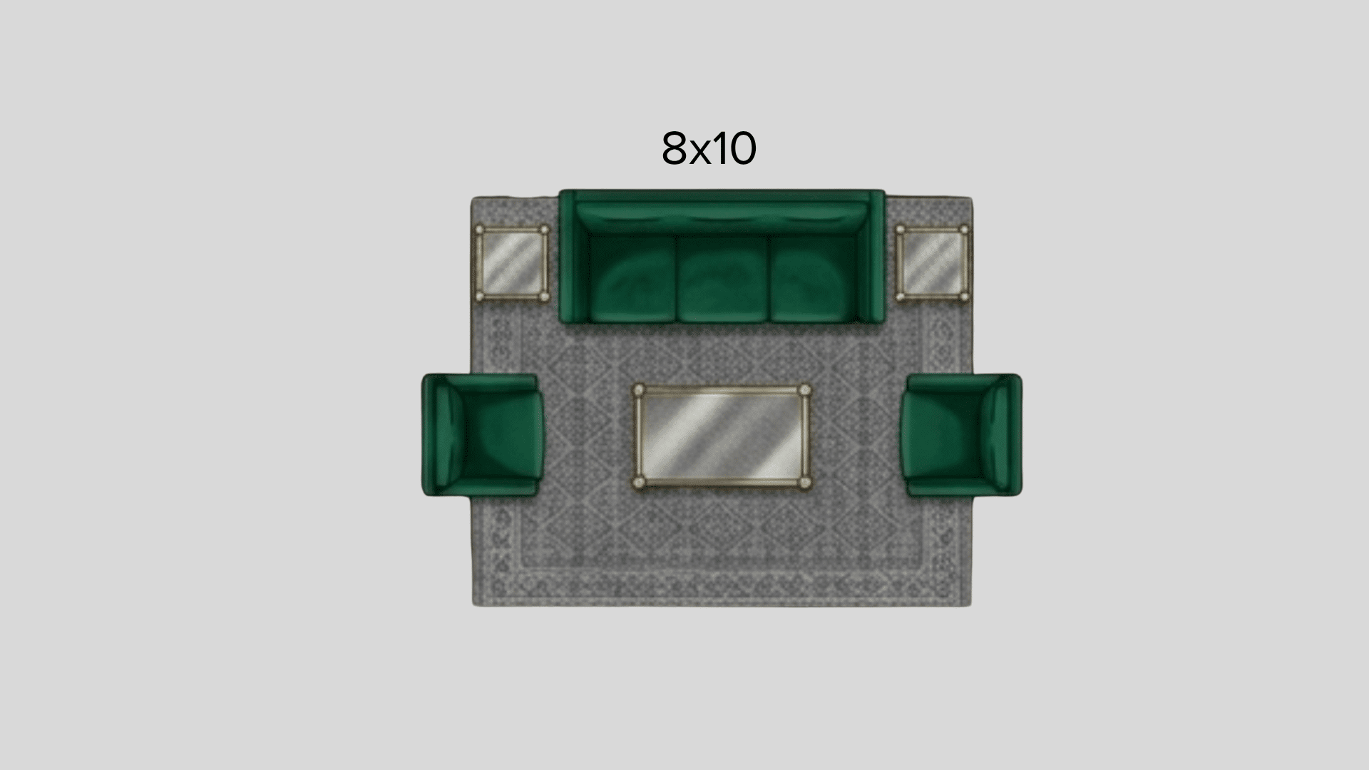 8x10 living room rug layout diagram with sofas chairs coffee table top