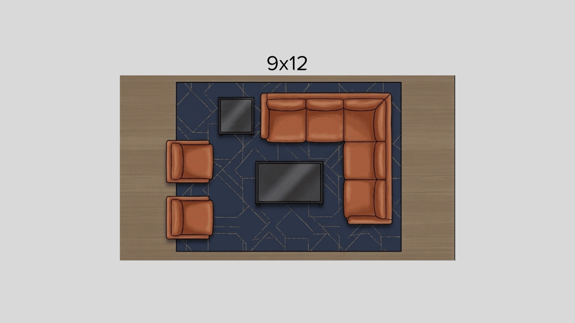 9 x 12 living room rug layout diagram with sofas chairs coffee table top view png