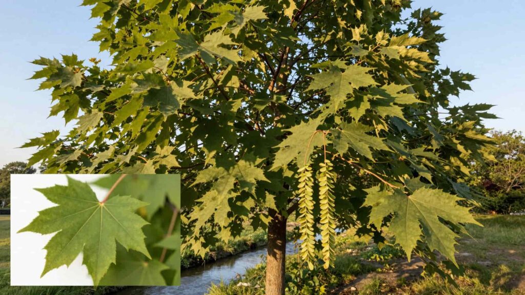 A Box Elder Maple tree with lush green foliage and an inset showing three compound leaflets and hanging seed clusters.