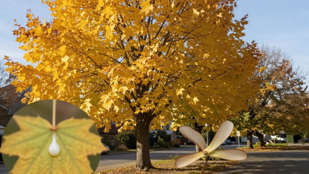 A Norway Maple tree with yellow leaves in a park, including an inset of a leaf stem with milky sap and flat winged seeds.