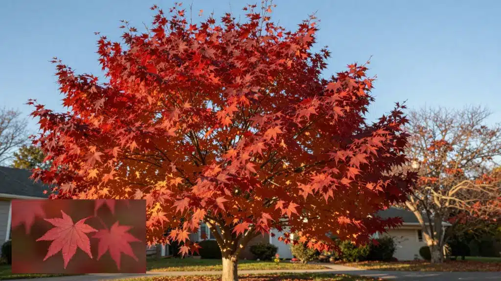 A Red Maple tree with bright crimson autumn foliage in a front yard, featuring an inset of three individual red leaves.