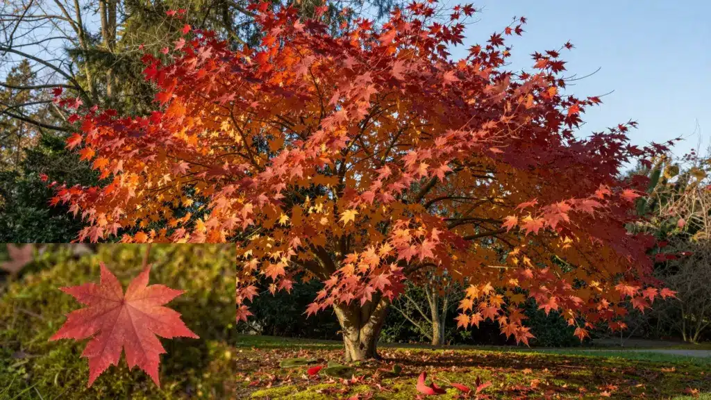A Vine Maple tree with orange-red autumn leaves and an inset showing a single round leaf with nine pointed lobes.