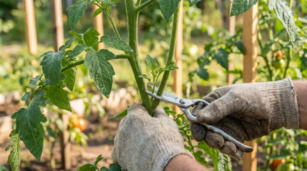 A close-up of a person wearing gardening gloves using metal shears to prune a green tomato plant in a sunny garden.