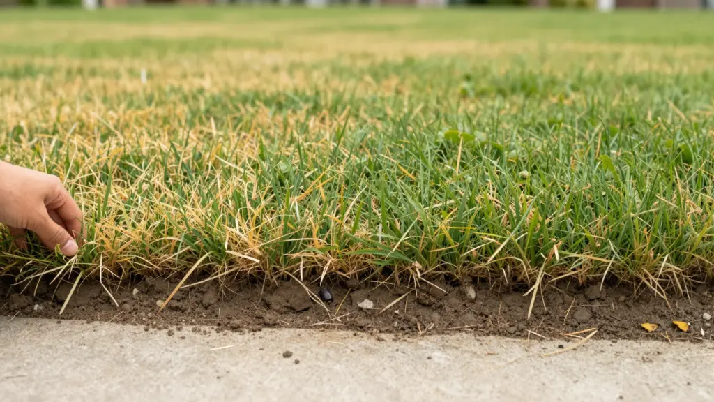 A close-up view of a person's hand parting a patch of yellowing, dry grass to inspect the soil and thatch layer beneath.