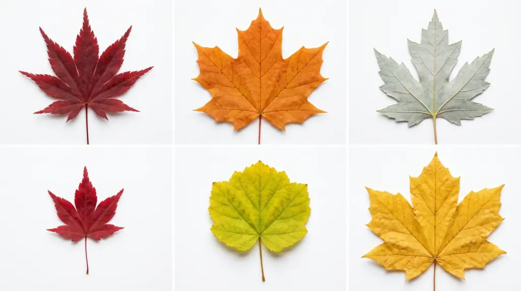 A collage of six maple leaves in various shapes and autumn colors, including red, orange, yellow, and green.