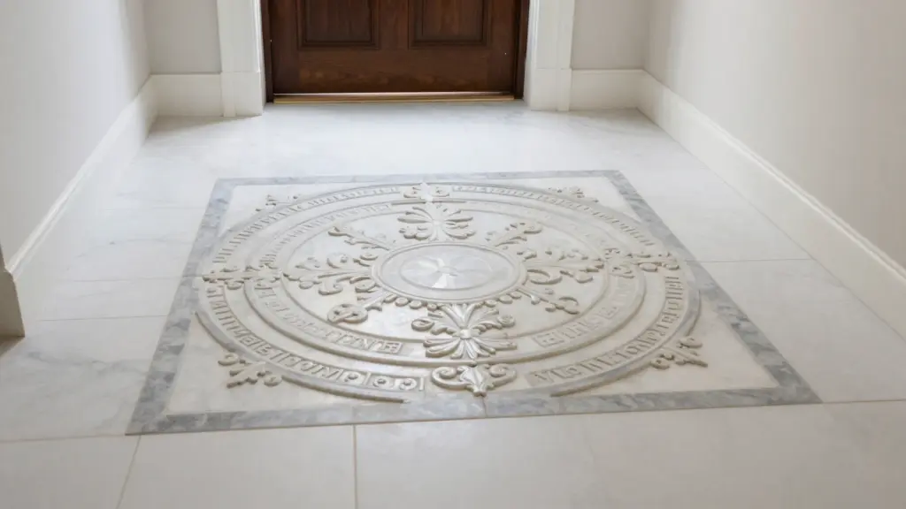 A decorative circular stone medallion inlay centered in an entryway floor surrounded by large neutral field tiles