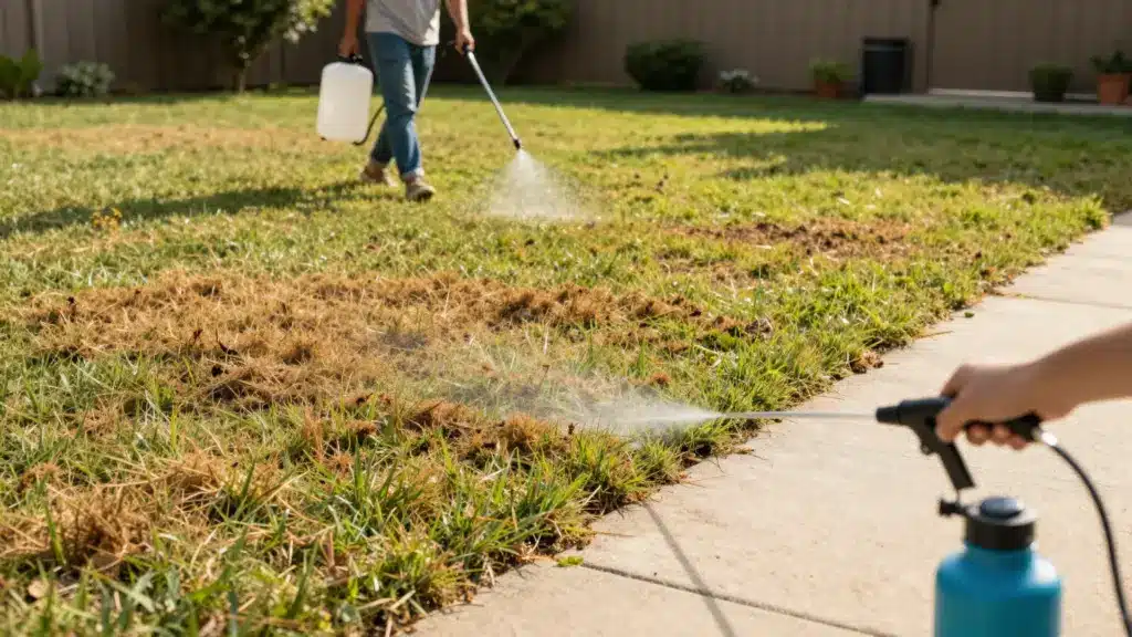 A person using a pressurized hand sprayer to apply liquid treatment to a brown, damaged patch of grass on a suburban lawn.