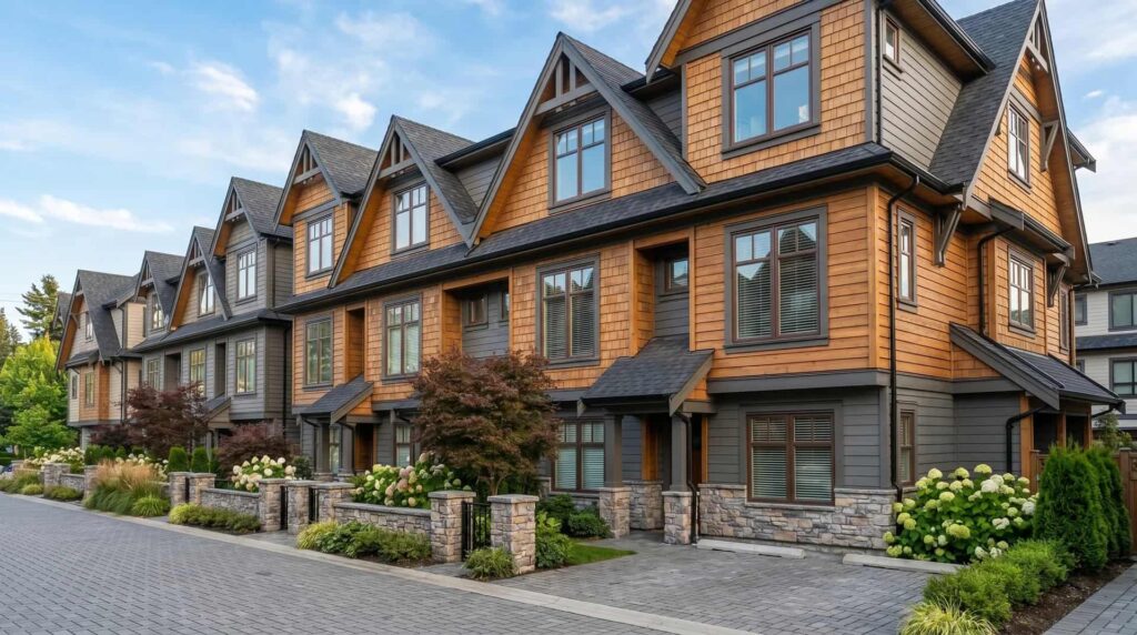 A row of modern three-story townhouses featuring brown wood siding, grey accents, and manicured green landscaping under a clear sky.
