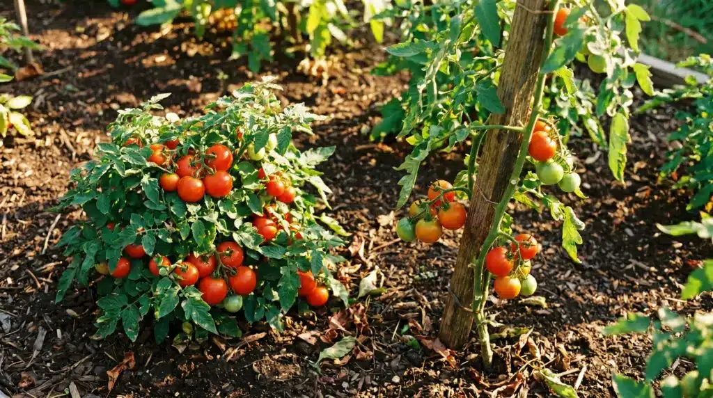 A side-by-side comparison of a bushy determinate tomato plant full of ripe fruit and a tall indeterminate plant climbing a wooden stake.
