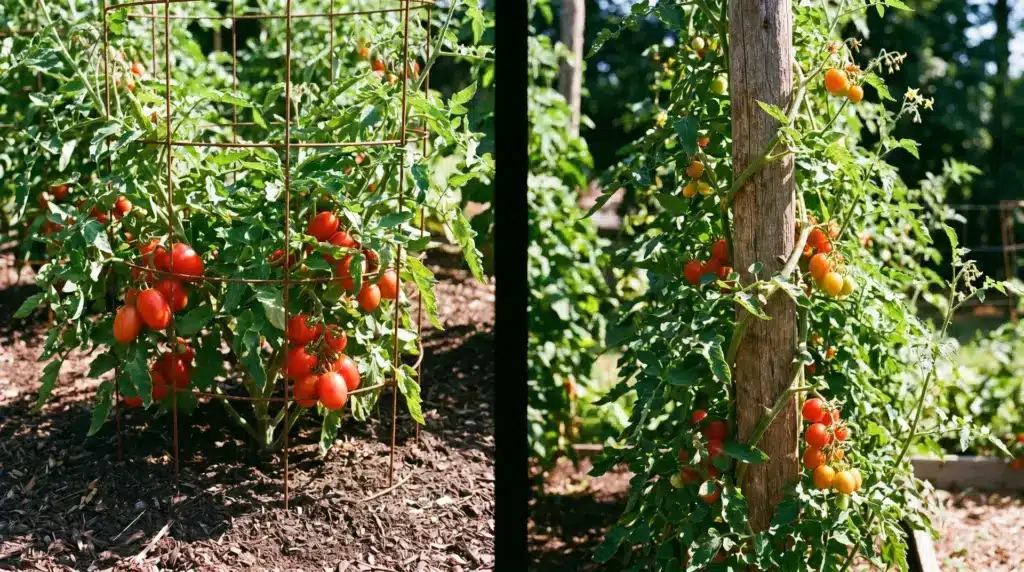A side-by-side comparison of a bushy determinate tomato plant in a wire cage and a tall indeterminate plant climbing a wooden post.