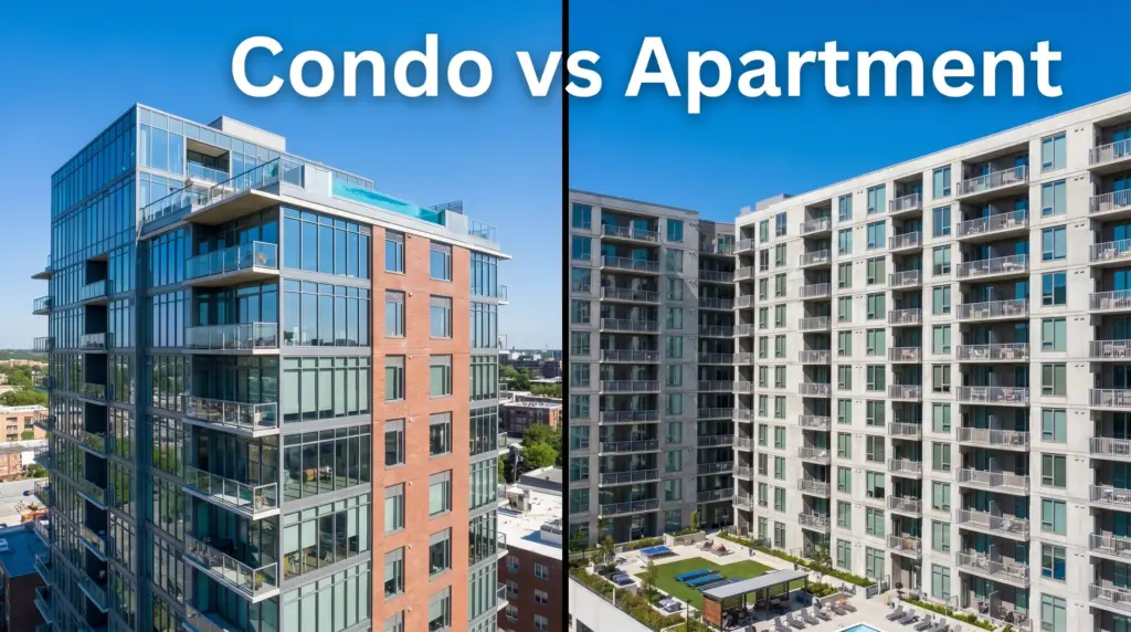 A split-screen image comparing a modern glass-walled condo building with a traditional multi-story apartment complex.